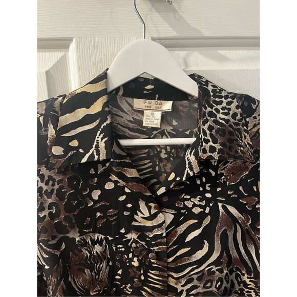 Fu Da Silk Black & Tan Zebra Tiger Print Button Up Blouse sz M EUC - Picture 5 of 6